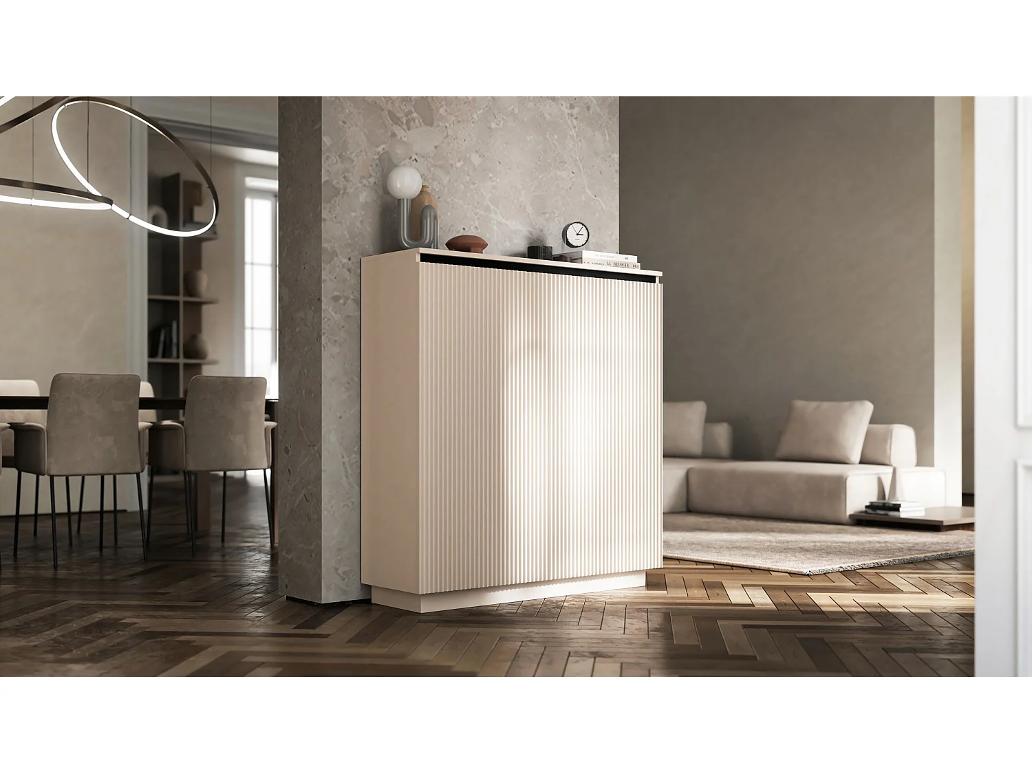 Commode à 2 portes – corps cachemire mat, façades rainurées cachemire mat – 110,8 cm, sur socle