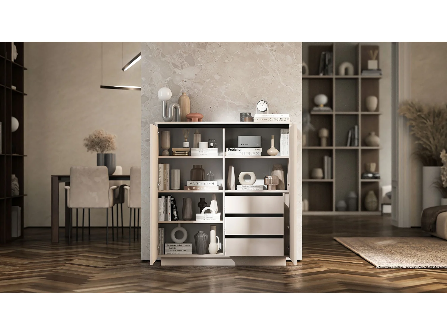 Commode à 2 portes – corps cachemire mat, façades rainurées cachemire mat – 110,8 cm, sur socle