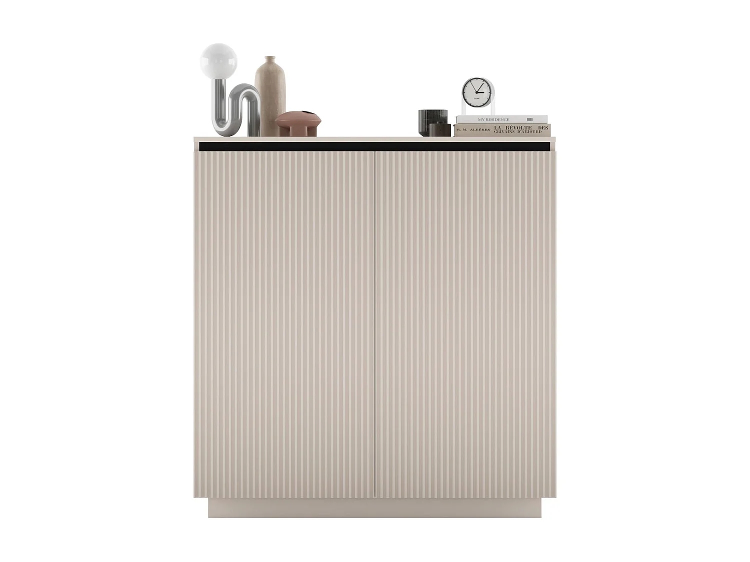 Commode à 2 portes – corps cachemire mat, façades rainurées cachemire mat – 110,8 cm, sur socle
