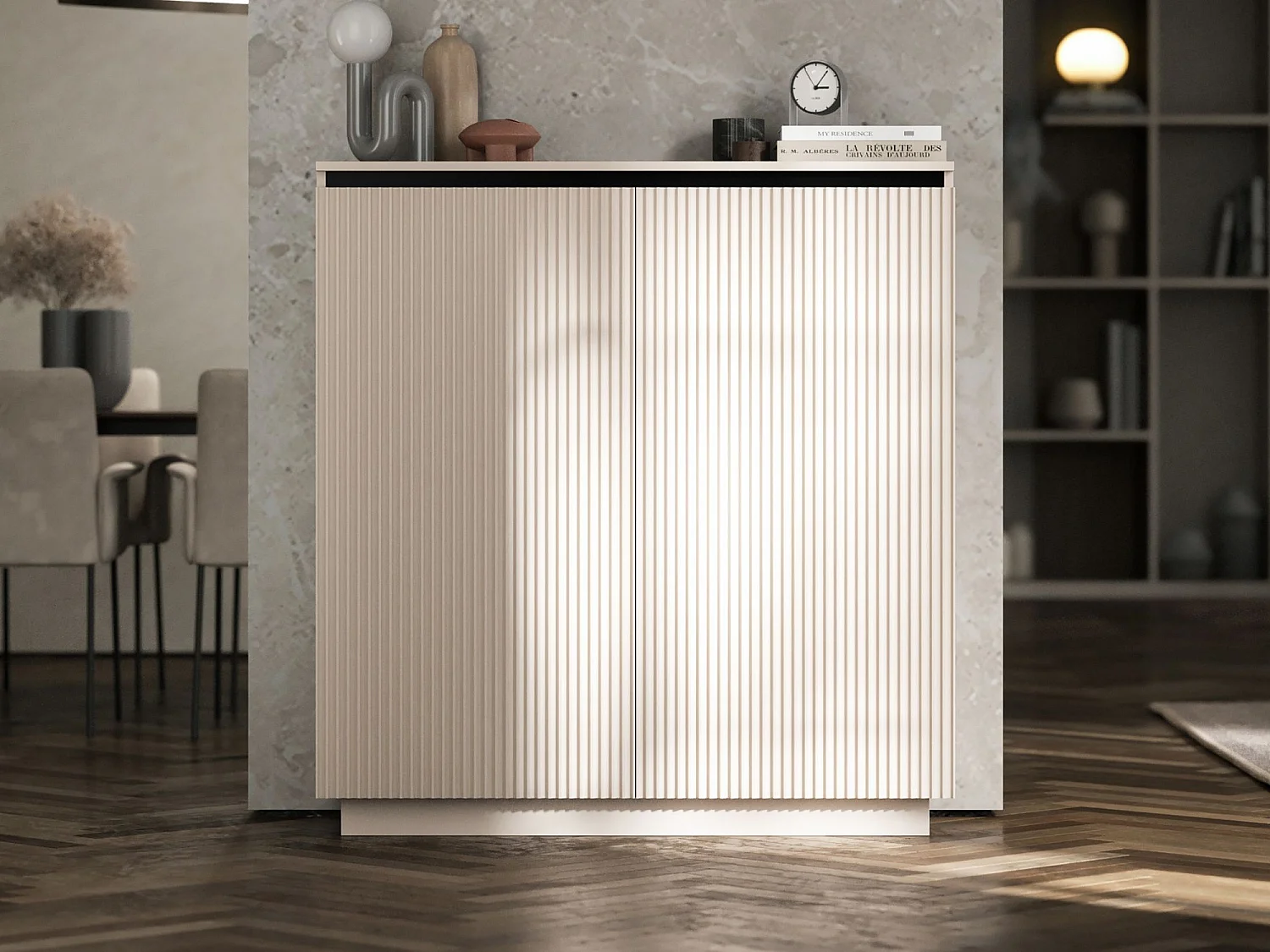 Commode à 2 portes – corps cachemire mat, façades rainurées cachemire mat – 110,8 cm, sur socle