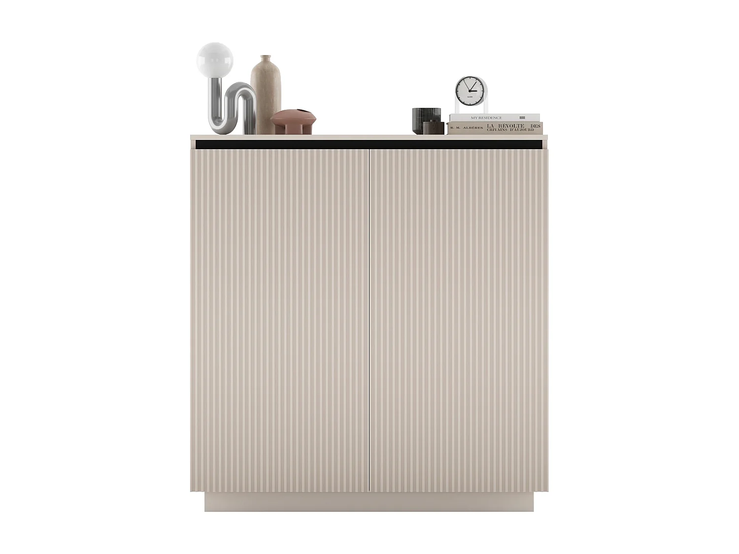 Commode à 2 portes – corps cachemire mat, façades rainurées cachemire mat – 110,8 cm, sur socle