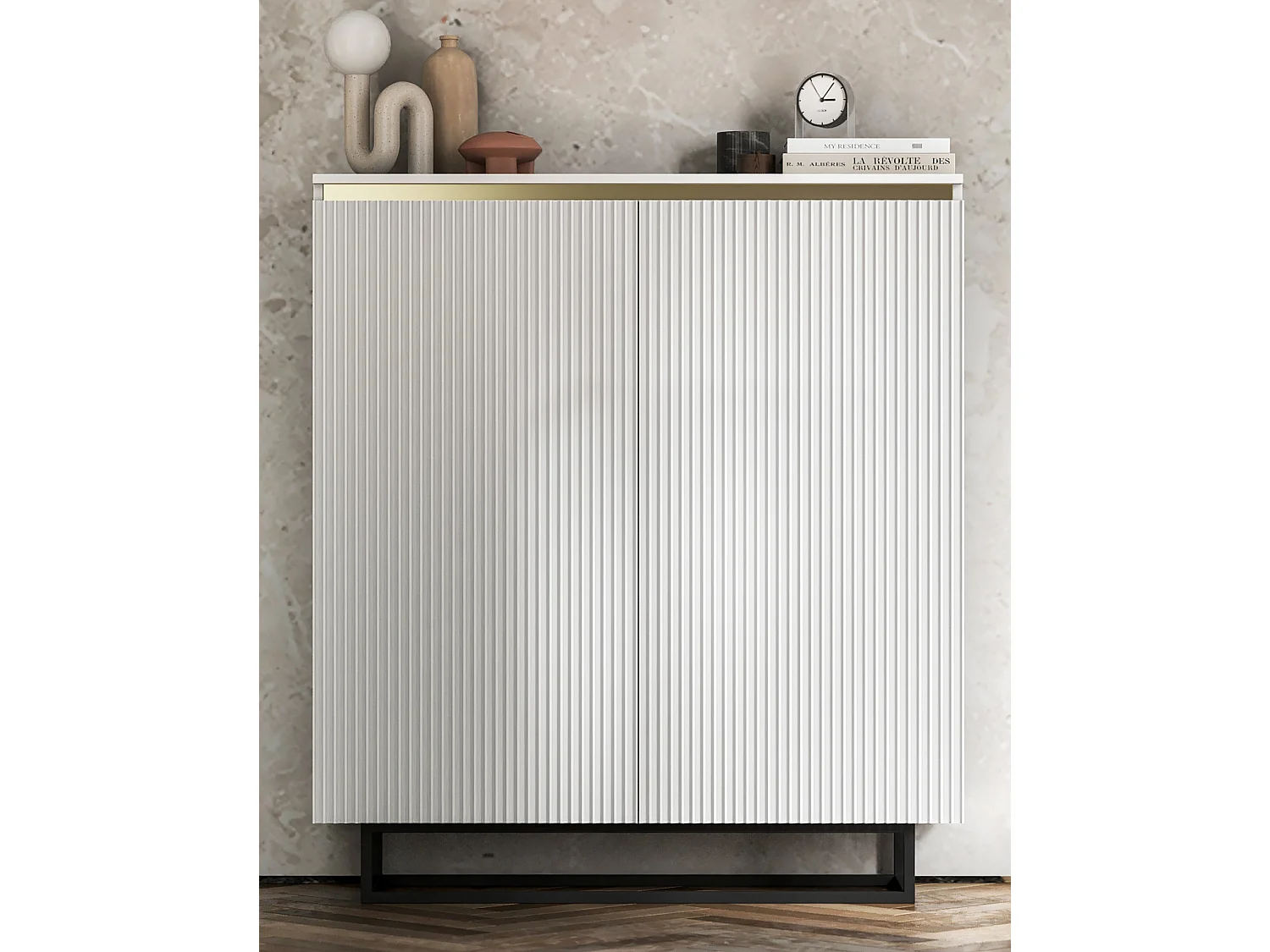 Commode à 2 portes – corps blanc mat, façades rainurées blanc mat – 110,8 cm, Cadre en métal noir