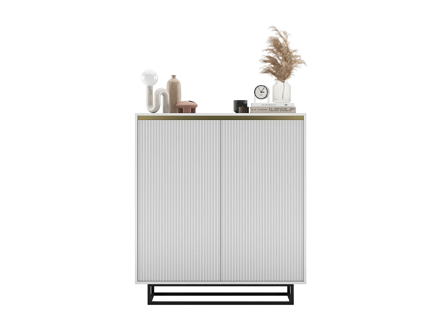 Commode à 2 portes – corps blanc mat, façades rainurées blanc mat – 110,8 cm, Cadre en métal noir