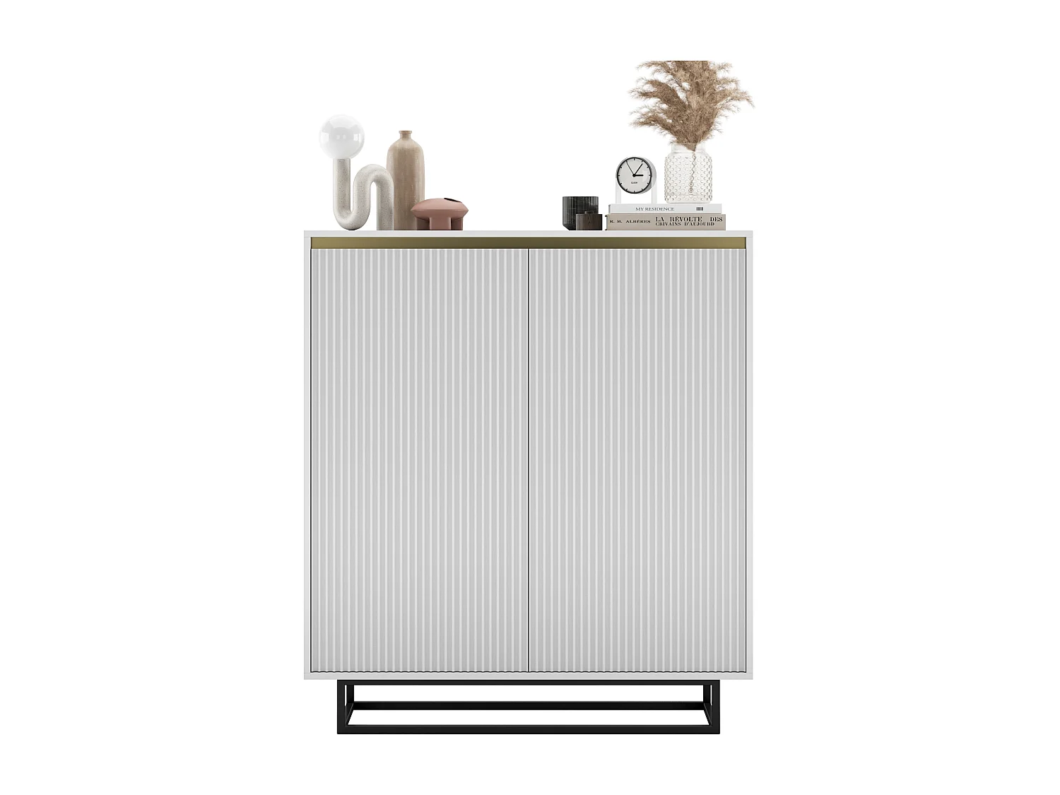 Commode à 2 portes – corps blanc mat, façades rainurées blanc mat – 110,8 cm, Cadre en métal noir