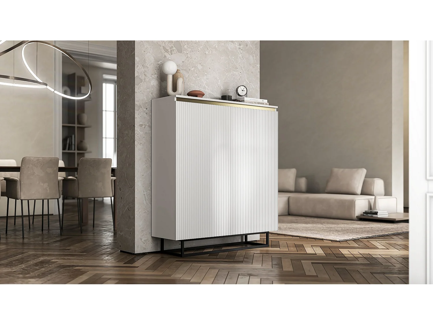 Commode à 2 portes – corps blanc mat, façades rainurées blanc mat – 110,8 cm, Cadre en métal noir