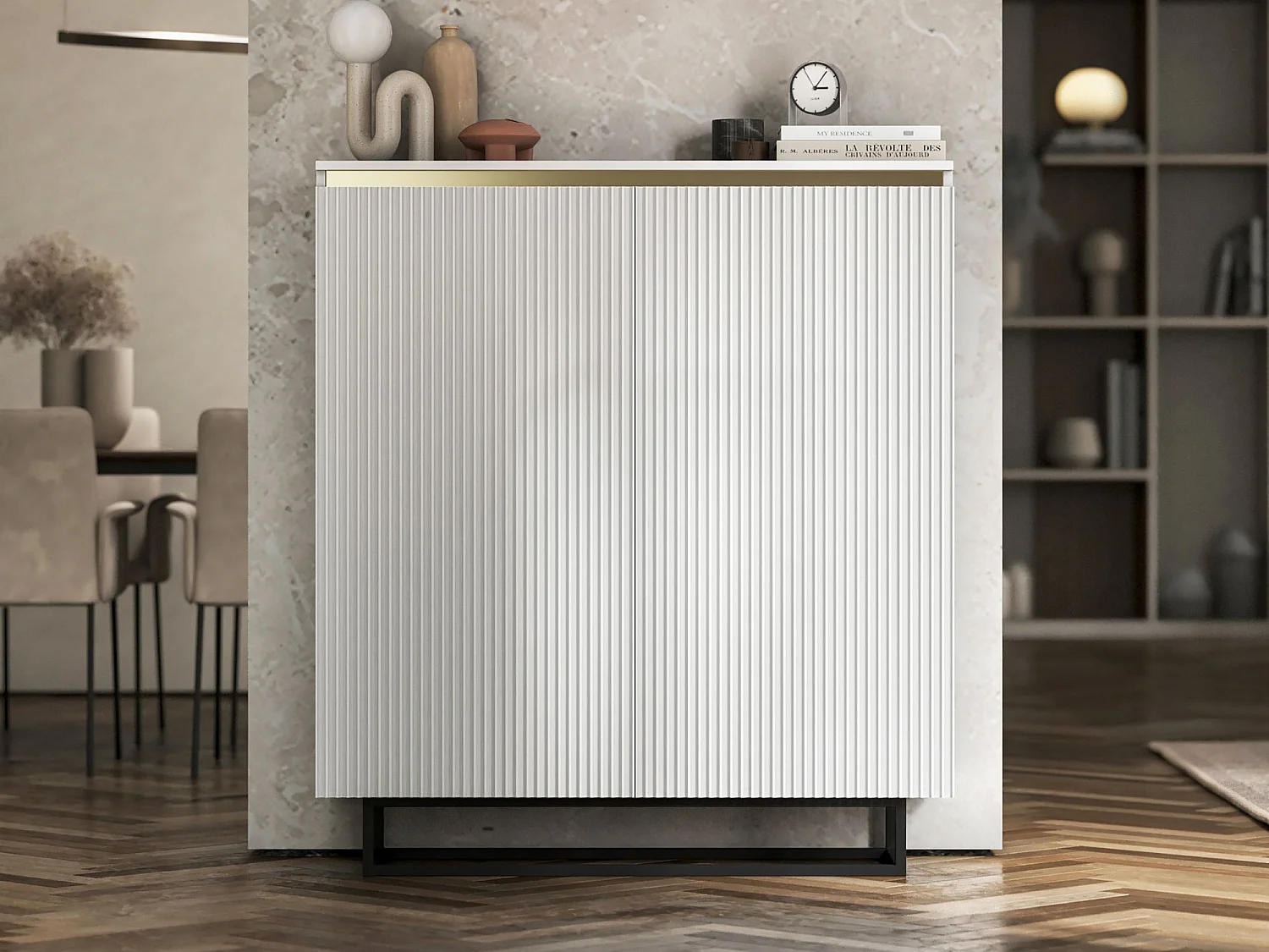 Commode à 2 portes – corps blanc mat, façades rainurées blanc mat – 110,8 cm, Cadre en métal noir