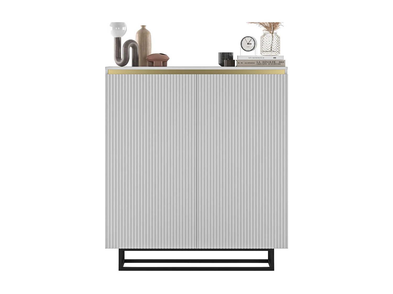 Commode à 2 portes – corps blanc mat, façades rainurées blanc mat – 110,8 cm, Cadre en métal noir