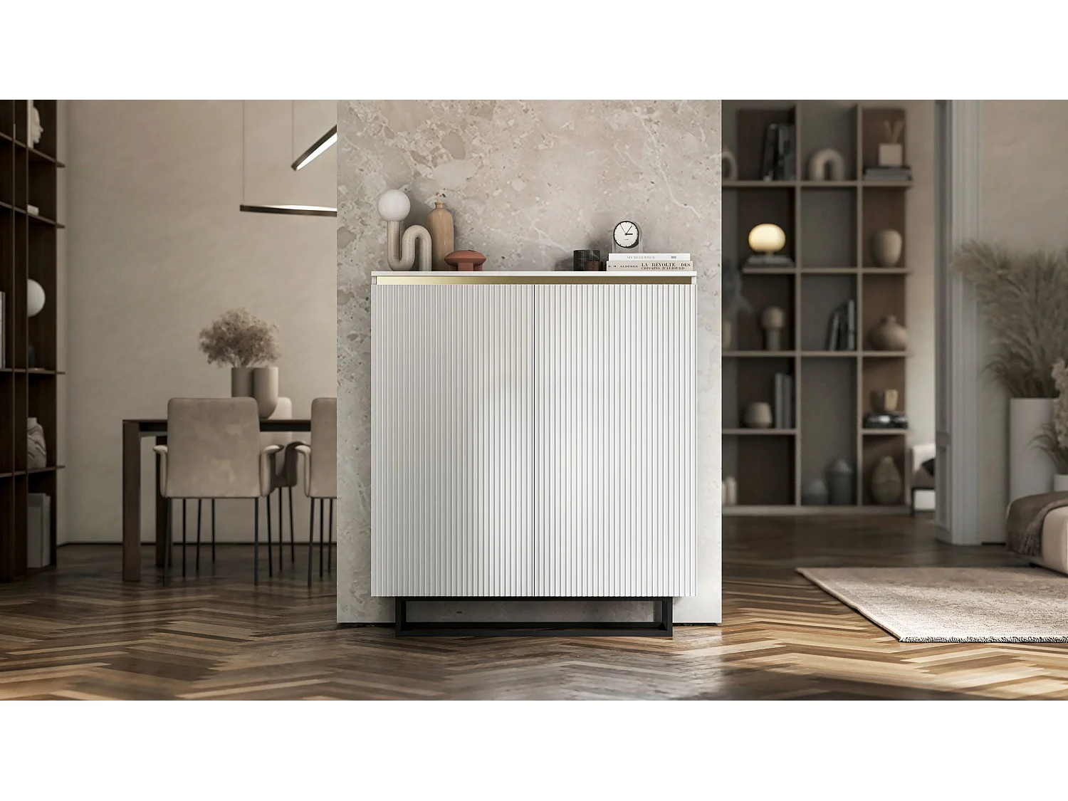 Commode à 2 portes – corps blanc mat, façades rainurées blanc mat – 110,8 cm, Cadre en métal noir