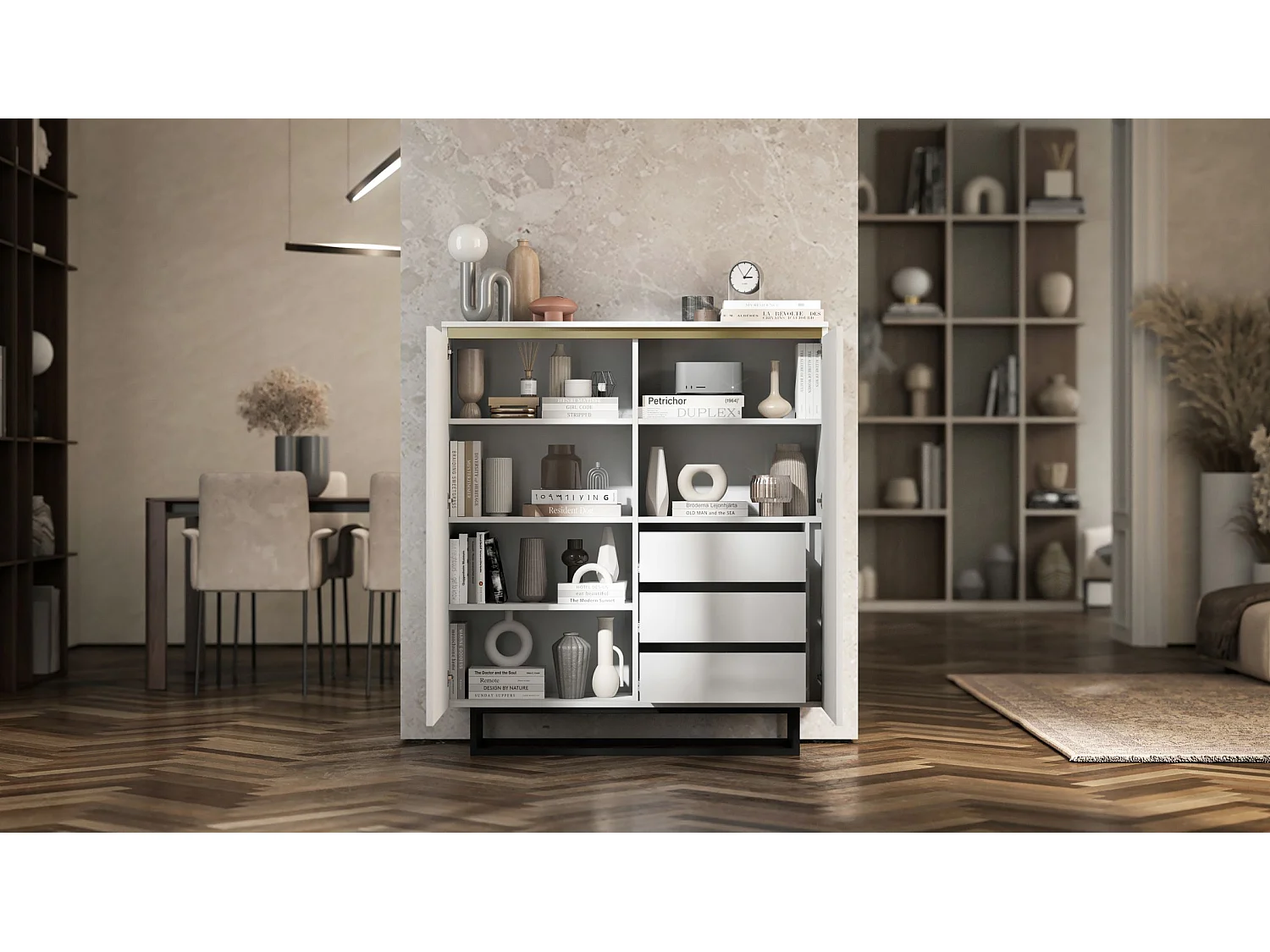 Commode à 2 portes – corps blanc mat, façades rainurées blanc mat – 110,8 cm, Cadre en métal noir