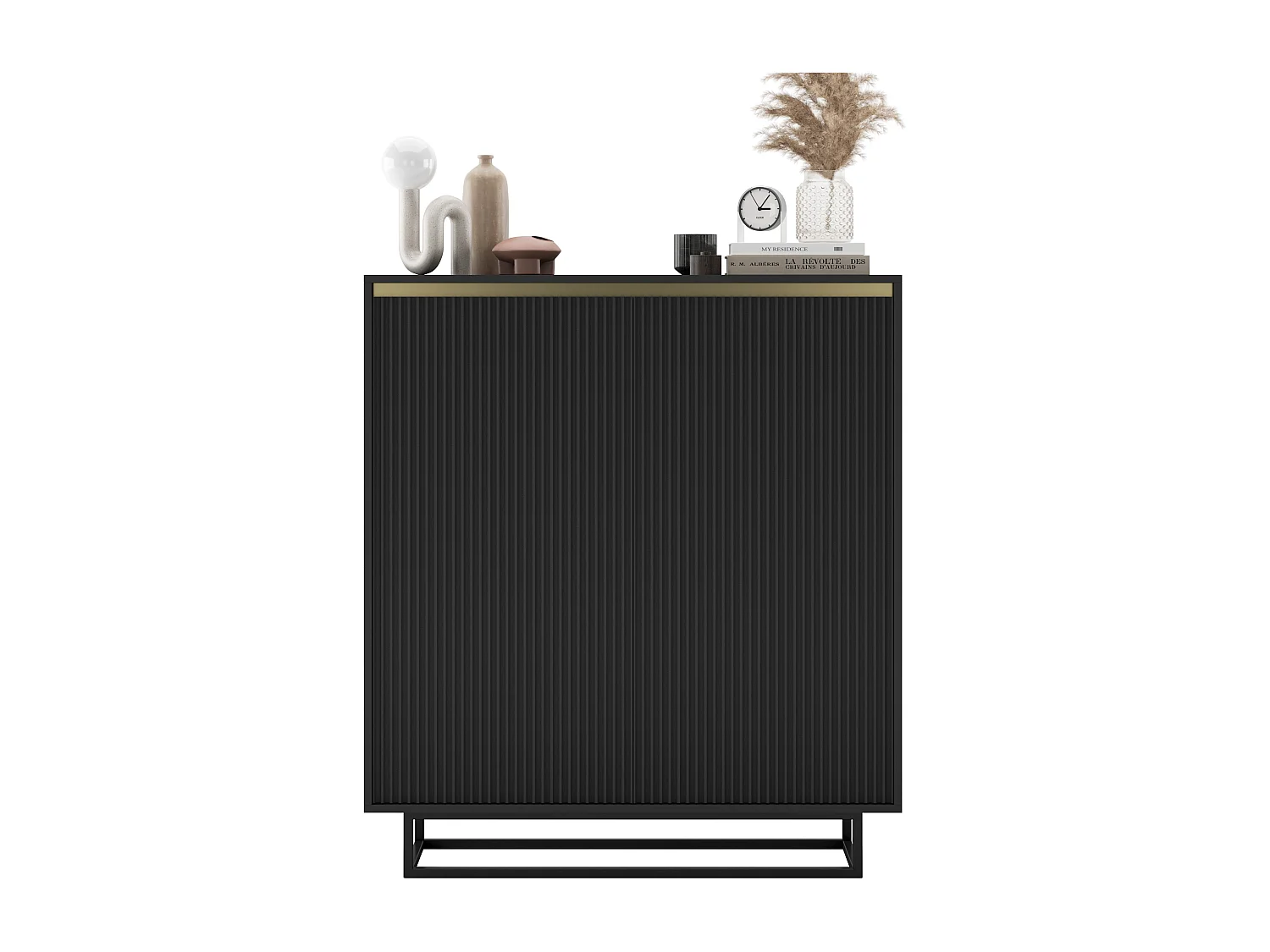 Commode à 2 portes – corps noir mat, façades rainurées noir mat – 110,8 cm, Cadre en métal noir