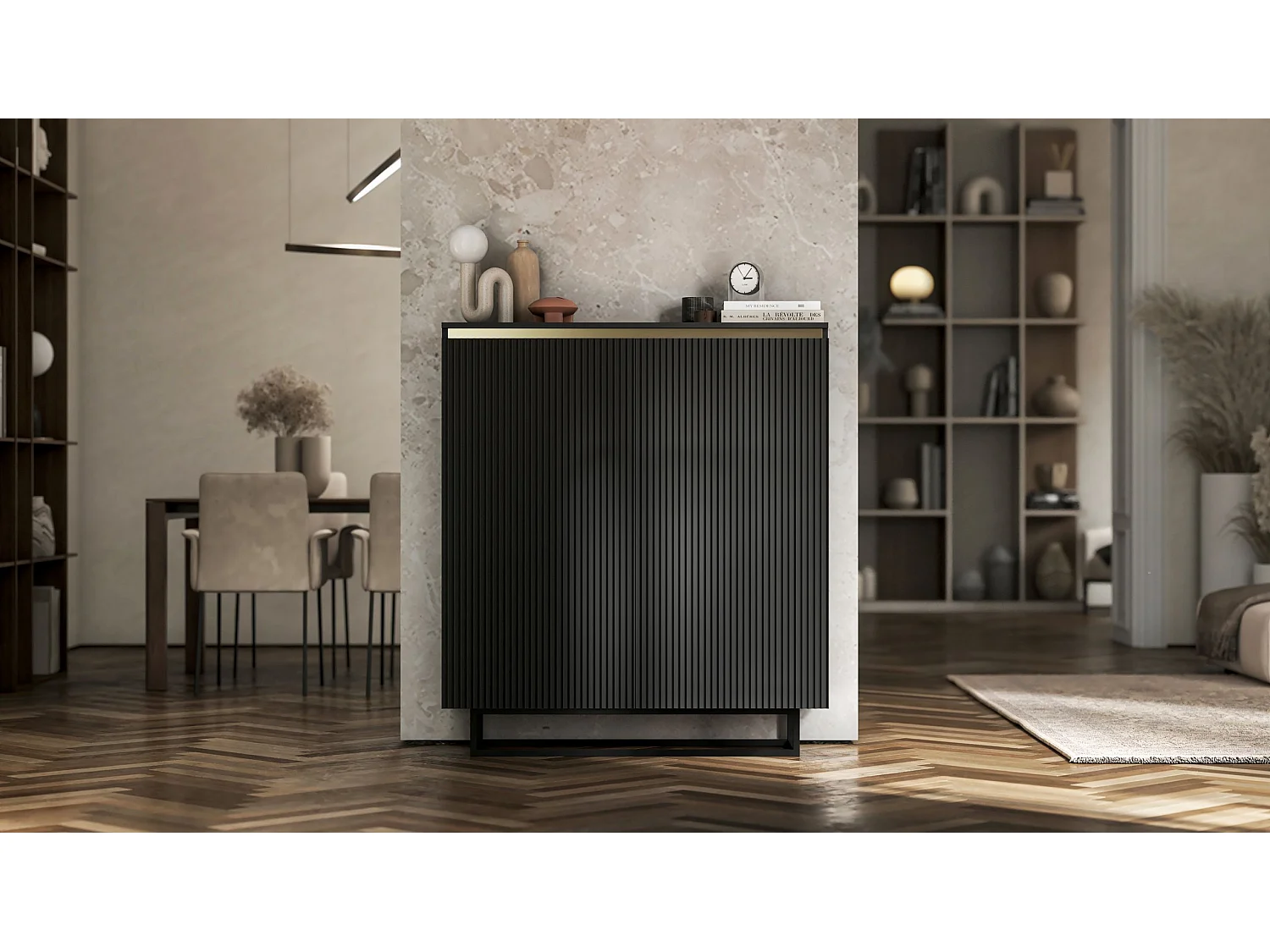 Commode à 2 portes – corps noir mat, façades rainurées noir mat – 110,8 cm, Cadre en métal noir