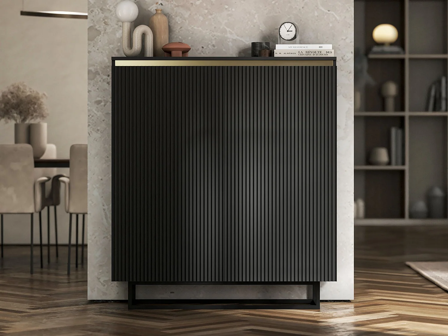 Komoda 2-drzwiowa – korpus czarny mat, fronty ryflowane czarny mat – 110,8 cm, stelaż metalowy czarny