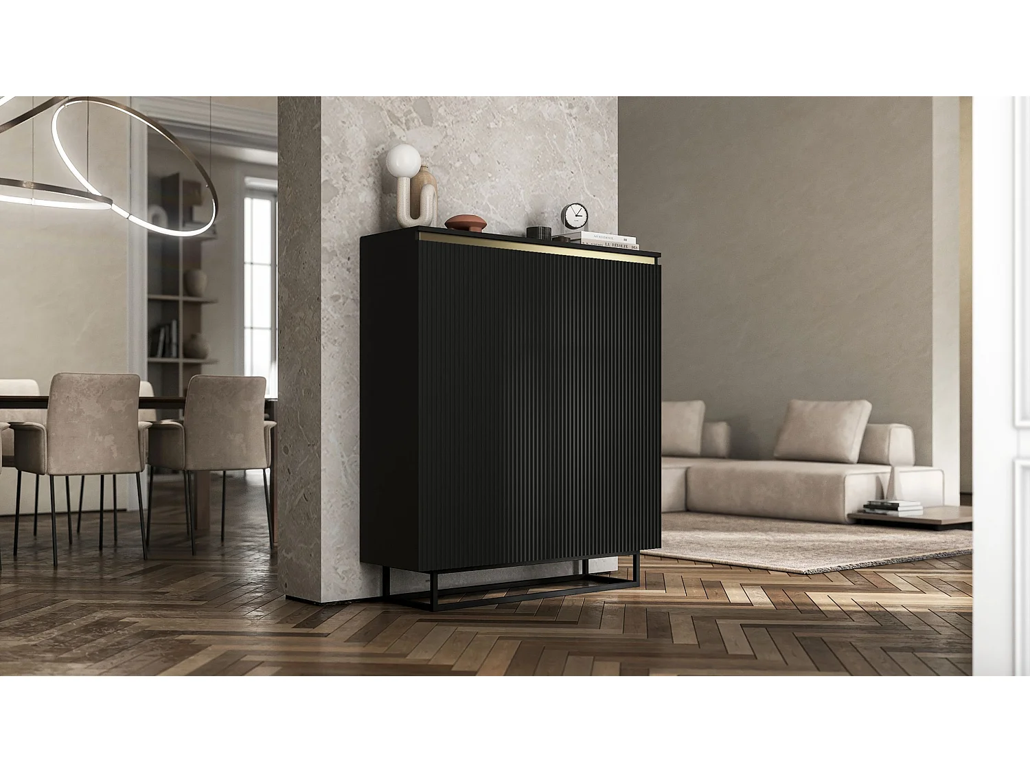 Komoda 2-drzwiowa – korpus czarny mat, fronty ryflowane czarny mat – 110,8 cm, stelaż metalowy czarny
