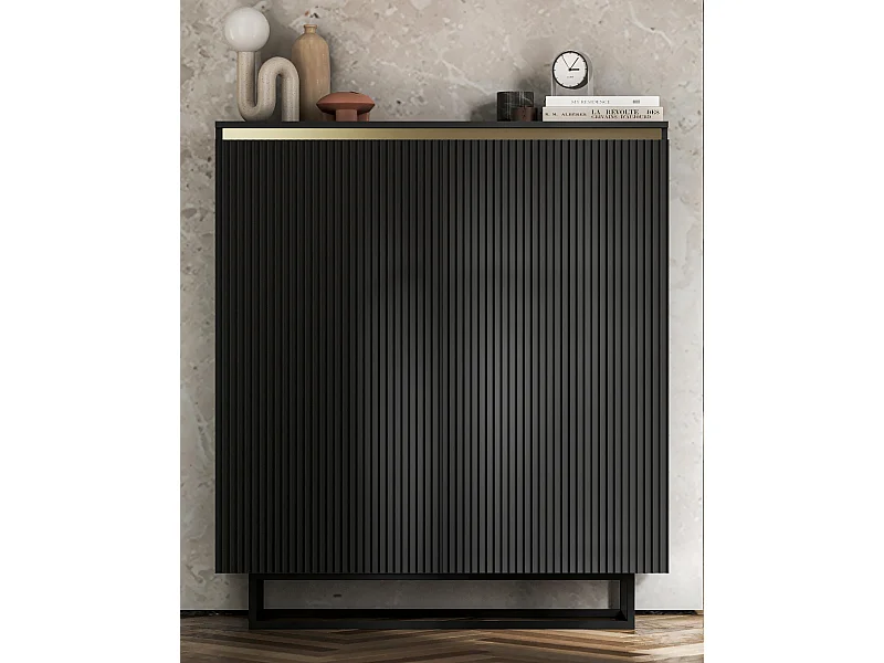 Commode à 2 portes – corps noir mat, façades rainurées noir mat – 110,8 cm, Cadre en métal noir