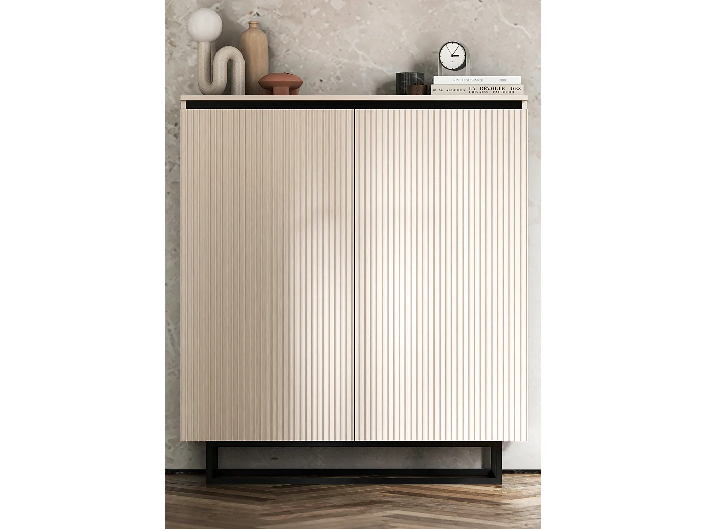 Commode à 2 portes – corps cachemire mat, façades rainurées cachemire mat – 110,8 cm, Cadre en métal noir