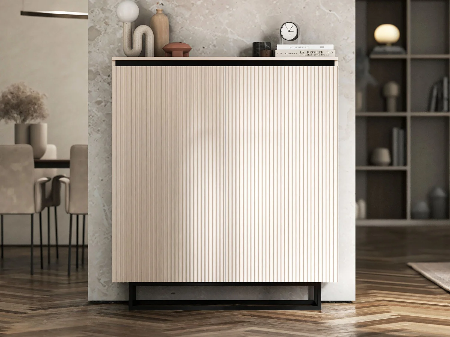 Dressoir met 2 deuren – corpus kasjmier mat, geribbelde fronten kasjmier mat – 110,8 cm, zwart metalen frame