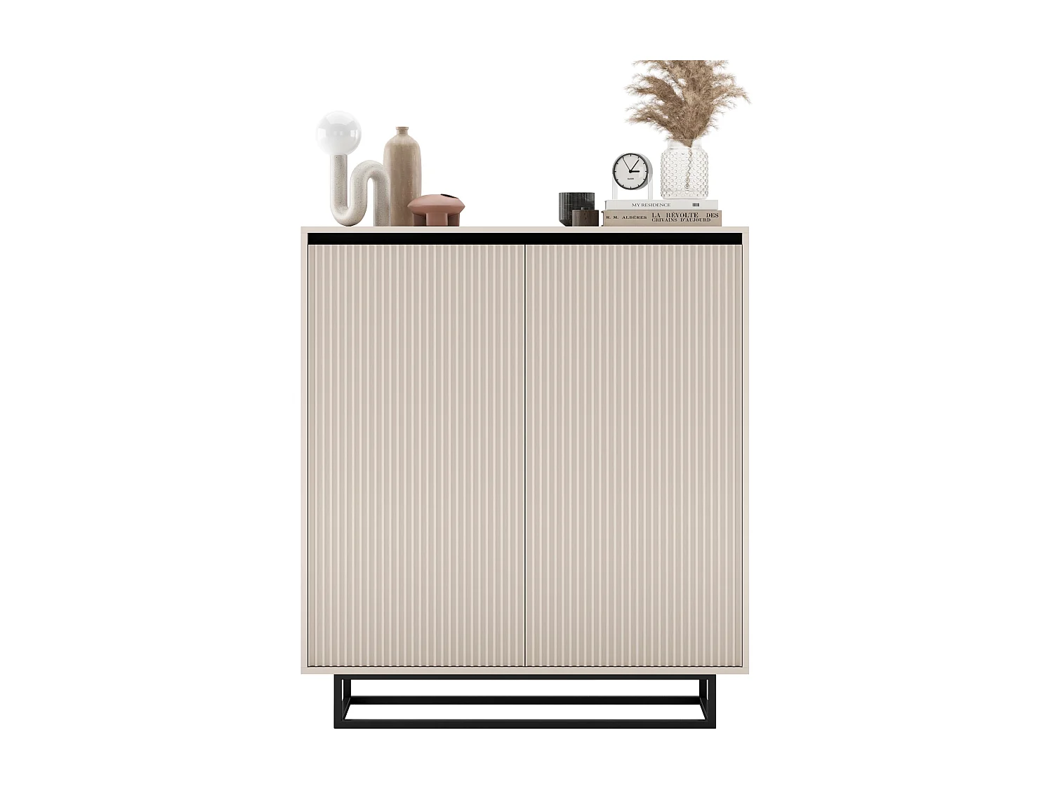 Dressoir met 2 deuren – corpus kasjmier mat, geribbelde fronten kasjmier mat – 110,8 cm, zwart metalen frame