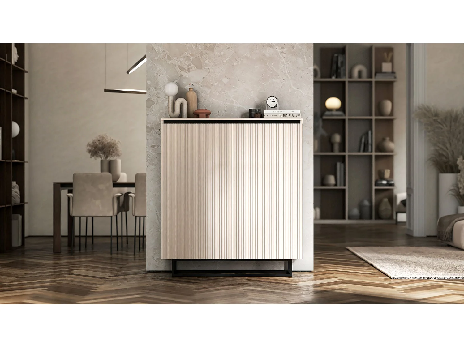 Dressoir met 2 deuren – corpus kasjmier mat, geribbelde fronten kasjmier mat – 110,8 cm, zwart metalen frame