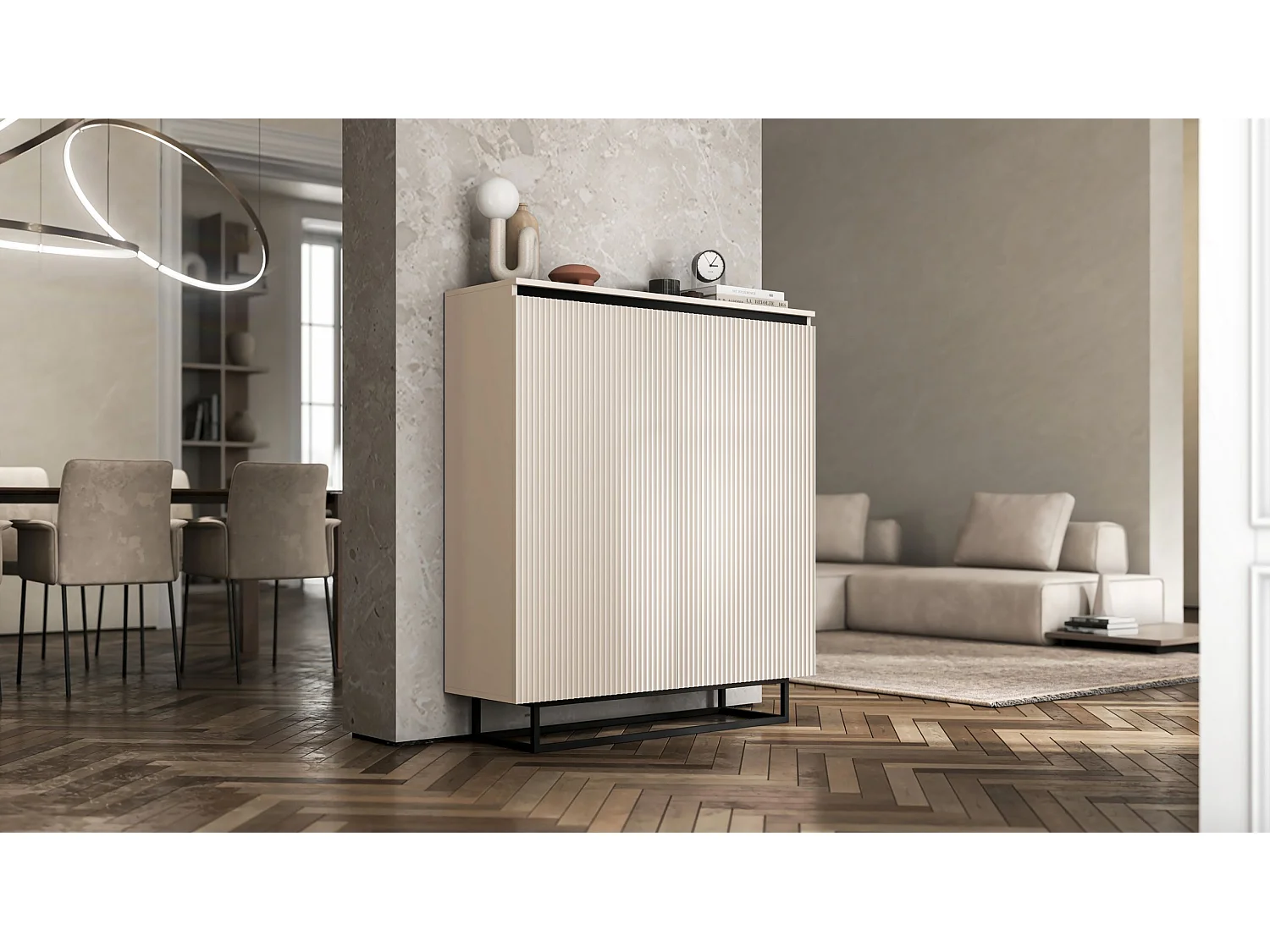 Dressoir met 2 deuren – corpus kasjmier mat, geribbelde fronten kasjmier mat – 110,8 cm, zwart metalen frame