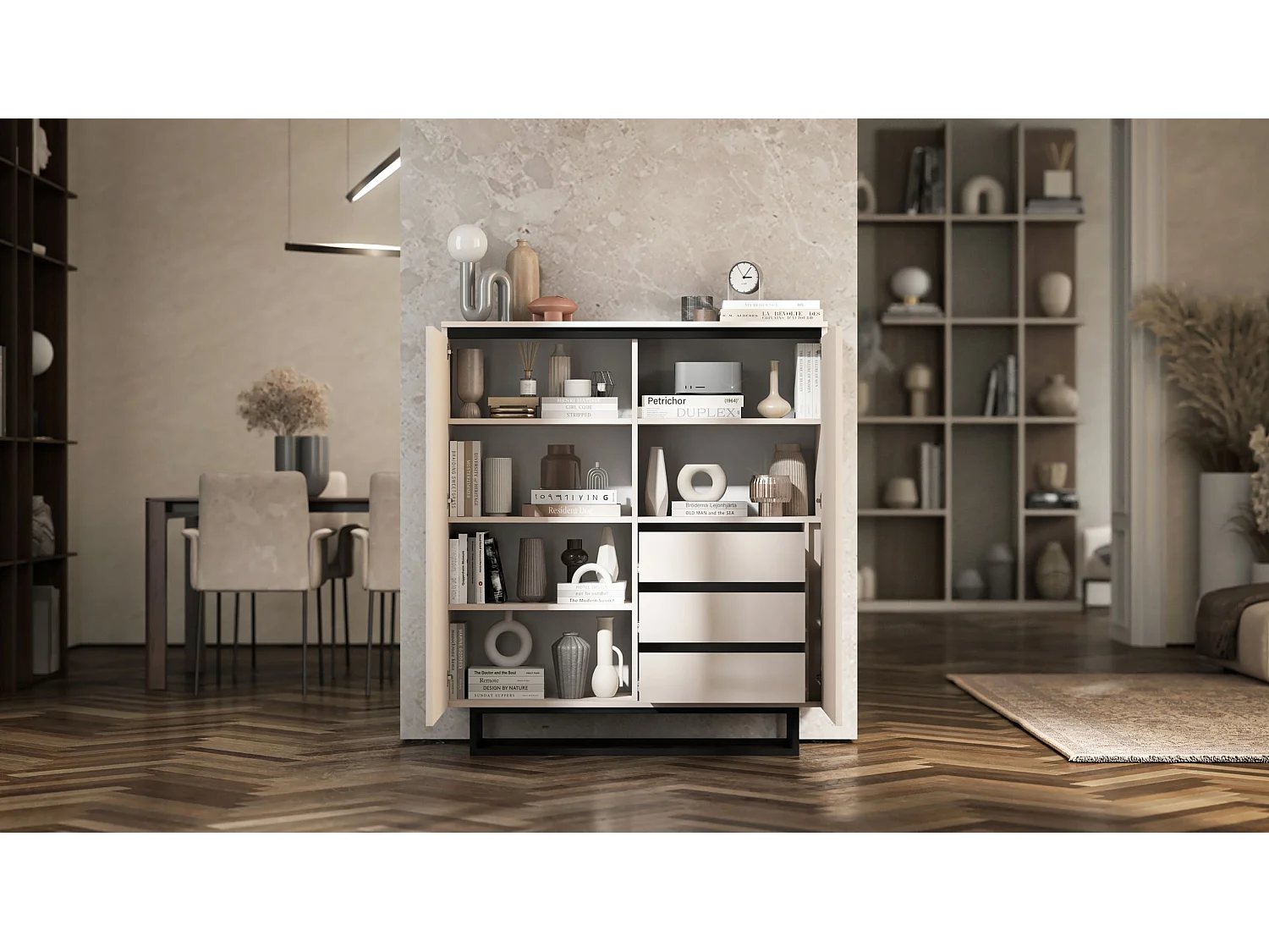 Dressoir met 2 deuren – corpus kasjmier mat, geribbelde fronten kasjmier mat – 110,8 cm, zwart metalen frame