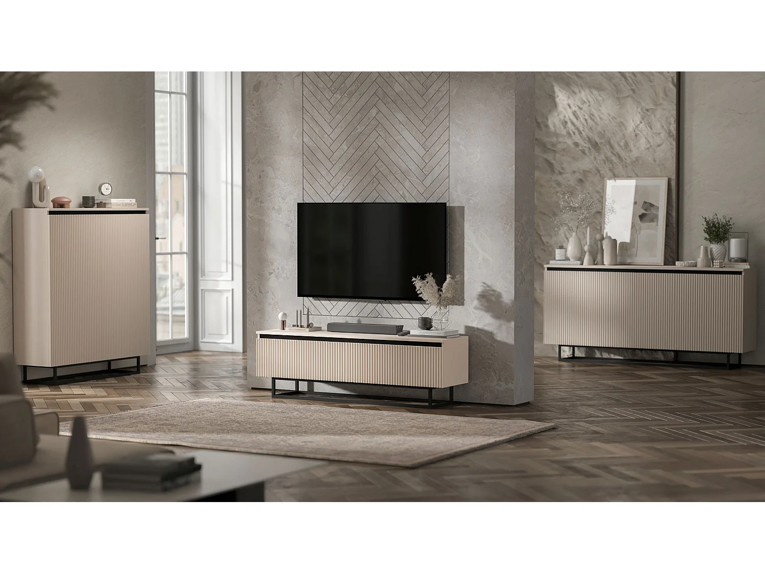 Dressoir met 2 deuren – corpus kasjmier mat, geribbelde fronten kasjmier mat – 110,8 cm, zwart metalen frame