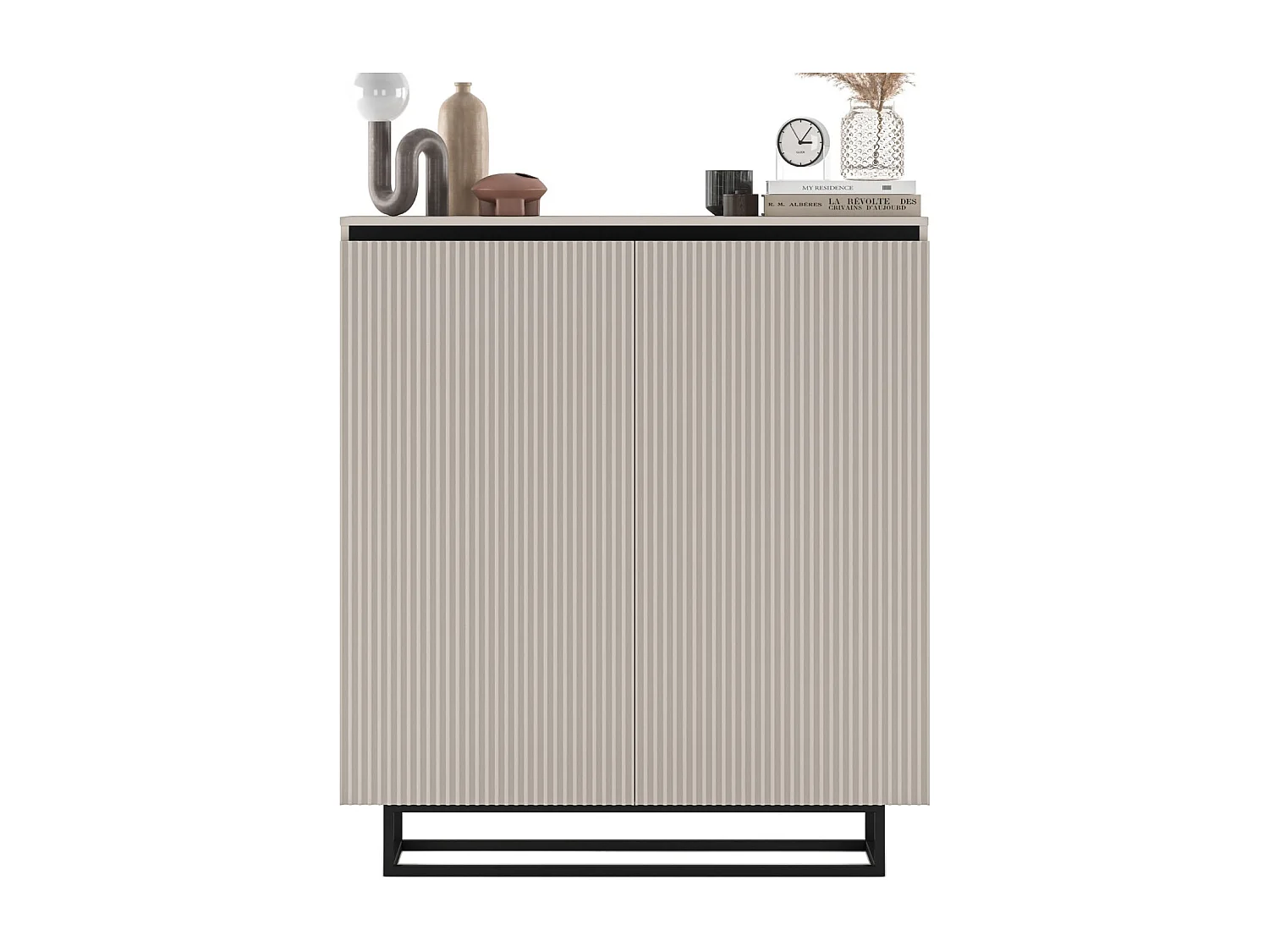 Dressoir met 2 deuren – corpus kasjmier mat, geribbelde fronten kasjmier mat – 110,8 cm, zwart metalen frame