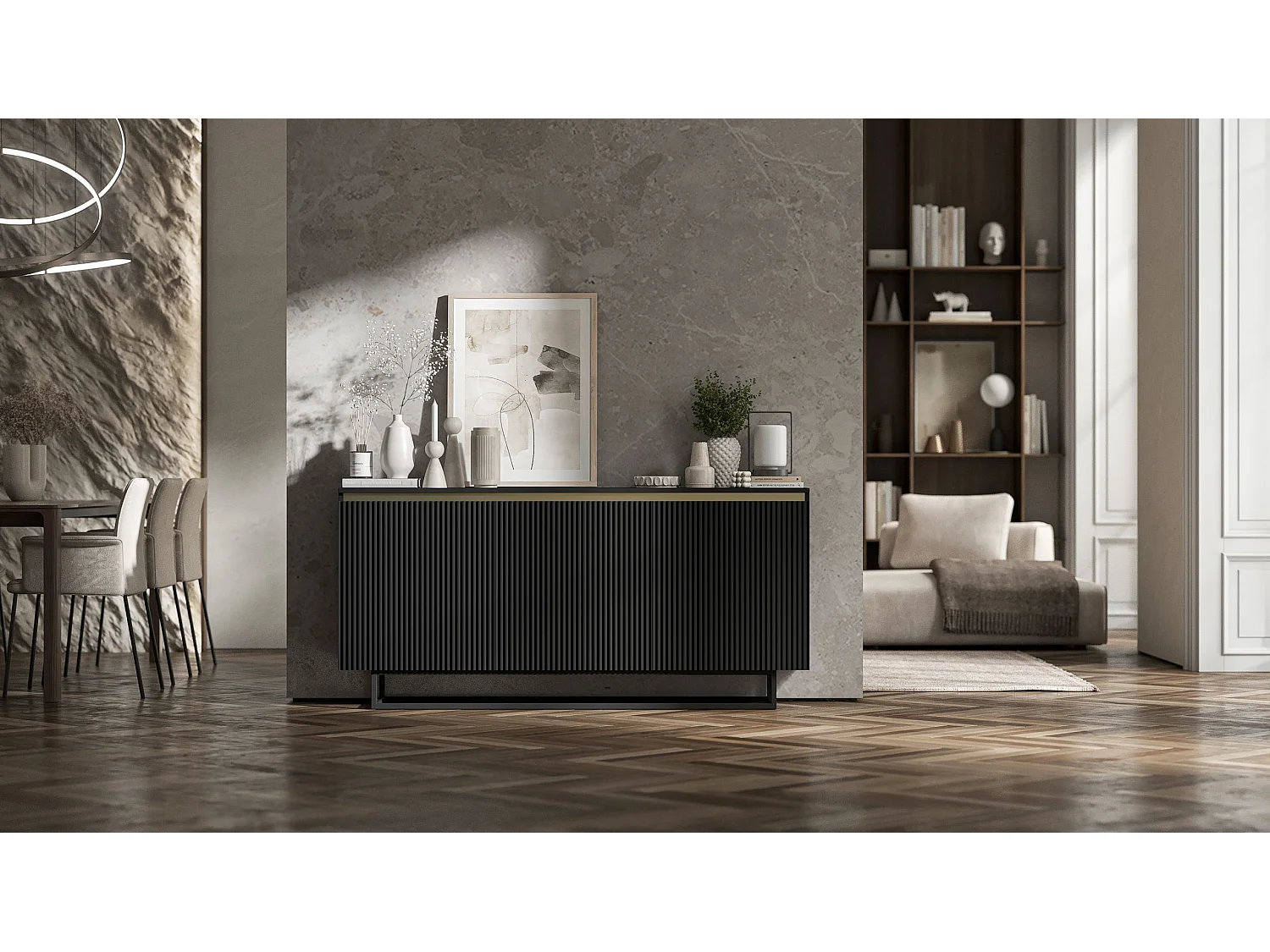 Commode à 3 portes – corps noir mat, façades rainurées noir mat – 166.8 cm, Cadre en métal noir