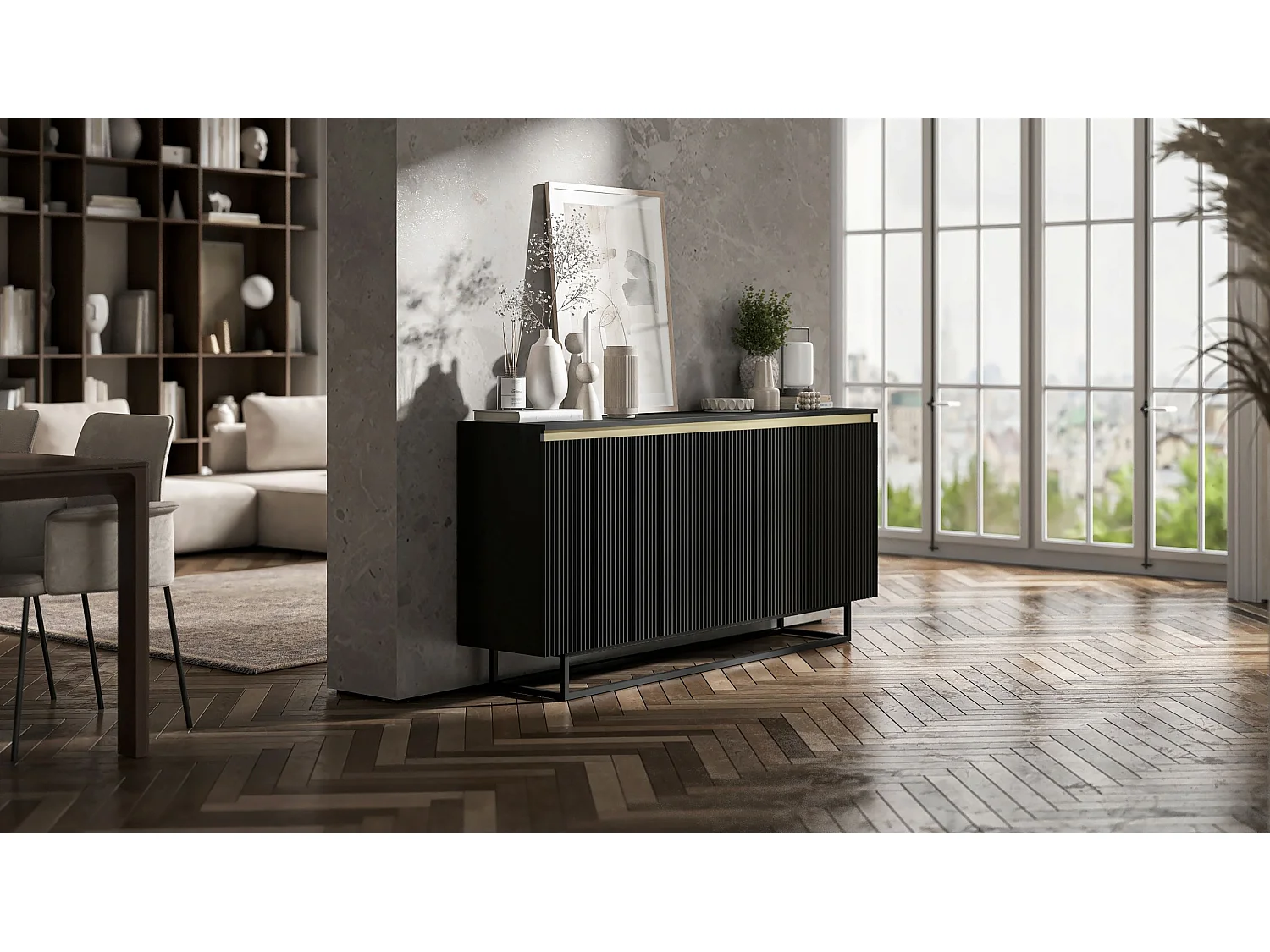 Commode à 3 portes – corps noir mat, façades rainurées noir mat – 166.8 cm, Cadre en métal noir
