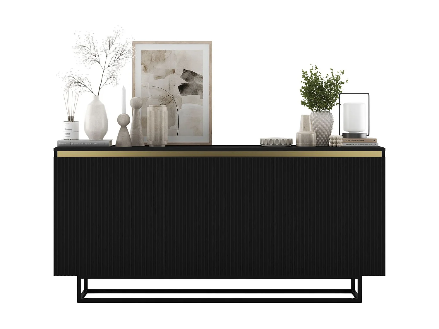 Commode à 3 portes – corps noir mat, façades rainurées noir mat – 166.8 cm, Cadre en métal noir