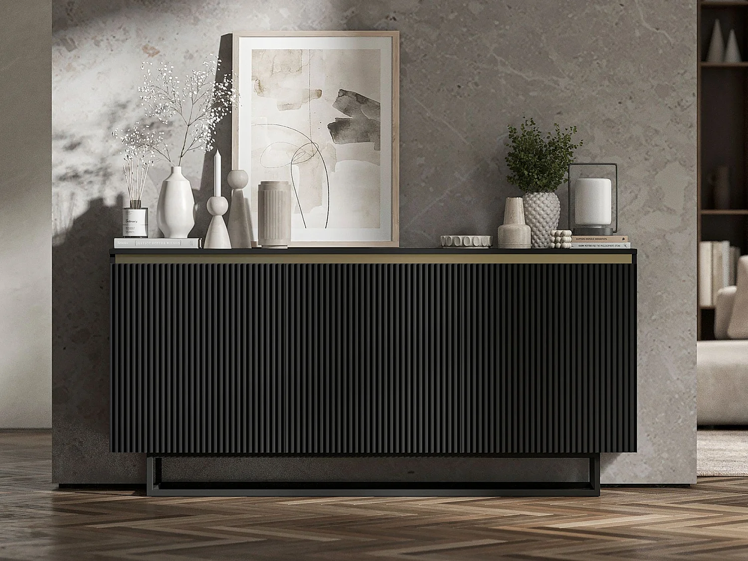 Commode à 3 portes – corps noir mat, façades rainurées noir mat – 166.8 cm, Cadre en métal noir
