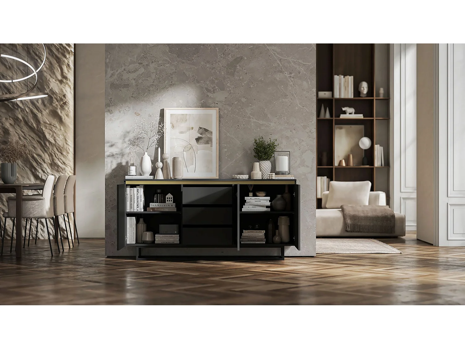 Commode à 3 portes – corps noir mat, façades rainurées noir mat – 166.8 cm, Cadre en métal noir