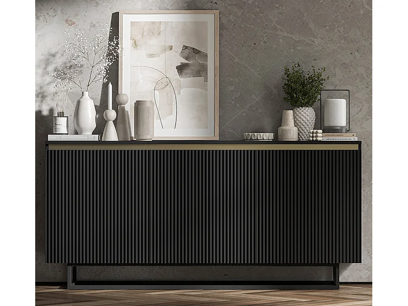 Commode à 3 portes – corps noir mat, façades rainurées noir mat – 166.8 cm, Cadre en métal noir
