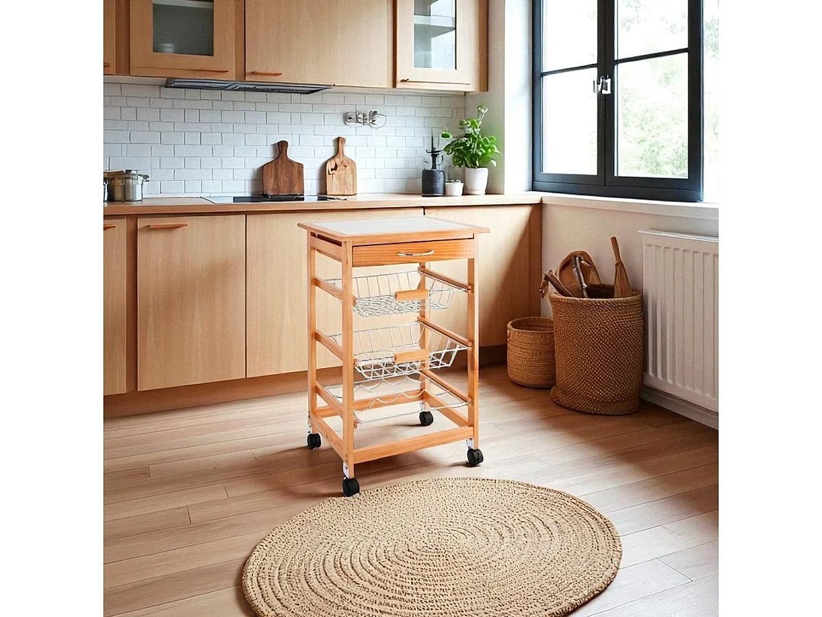 Carrito auxiliar Garbo Quid 2 cestas + botellero + cajón natural/blanco 76x47x37 cm