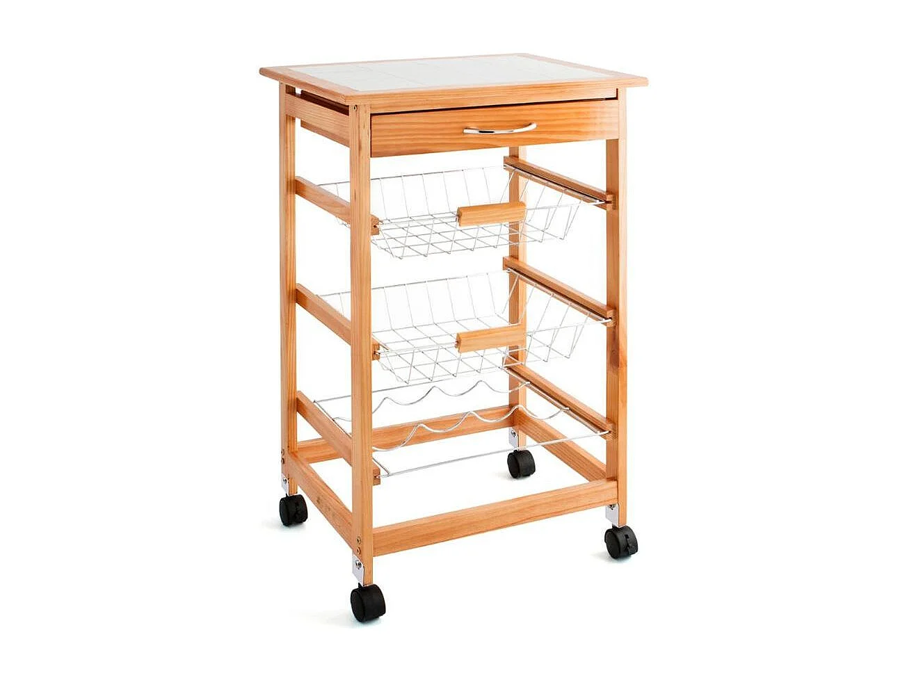 Carrito auxiliar Garbo Quid 2 cestas + botellero + cajón natural/blanco 76x47x37 cm