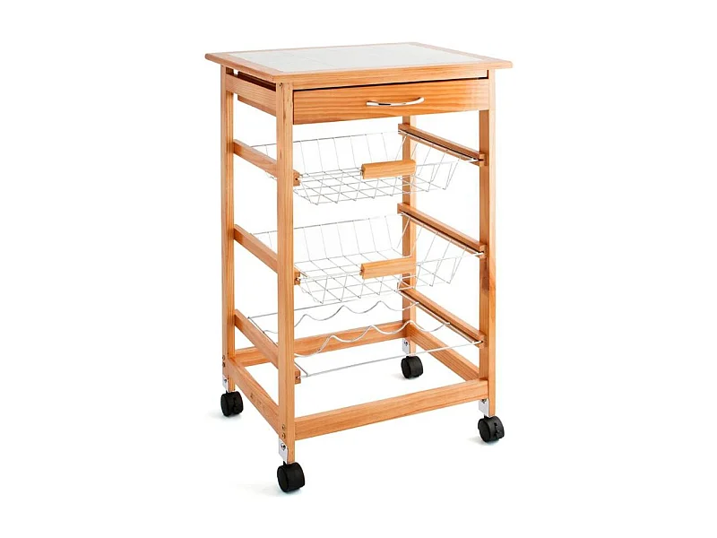 Carrito auxiliar Garbo Quid 2 cestas + botellero + cajón natural/blanco 76x47x37 cm