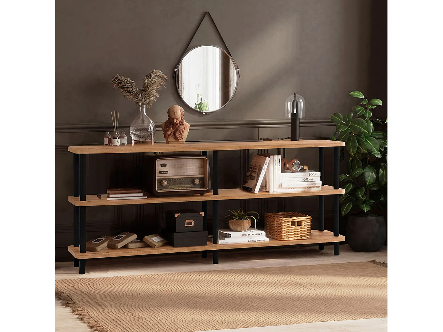 Estante baixo design SOFIE 180 cm madeira natural e pés pretos, 3 prateleiras melaminadas, montagem sem ferramentas