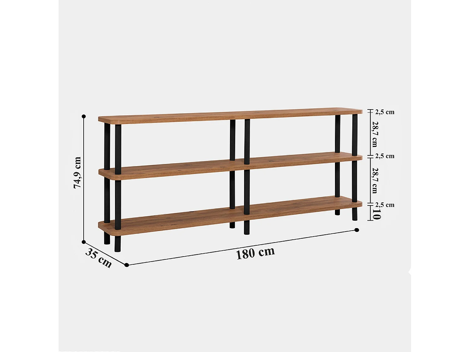 Estante baixo design SOFIE 180 cm madeira natural e pés pretos, 3 prateleiras melaminadas, montagem sem ferramentas