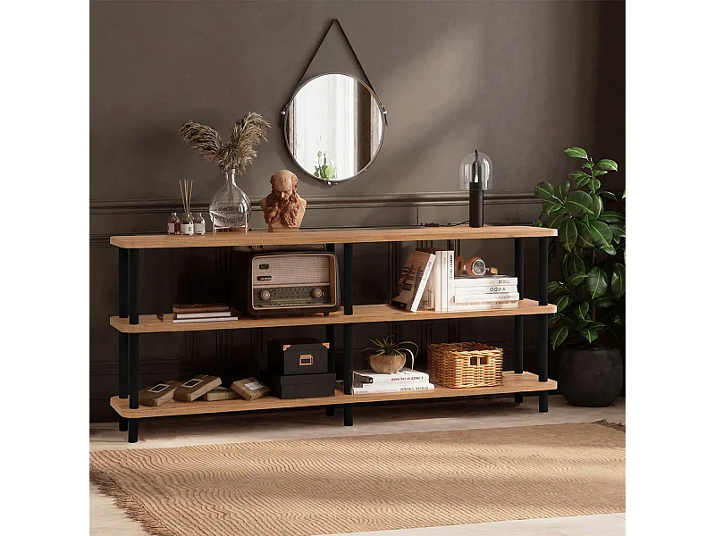 Niedriges Design-Regal SOFIE 180 cm Naturholz und schwarze Füße, 3 melaminbeschichtete Regalböden, werkzeuglose Montage