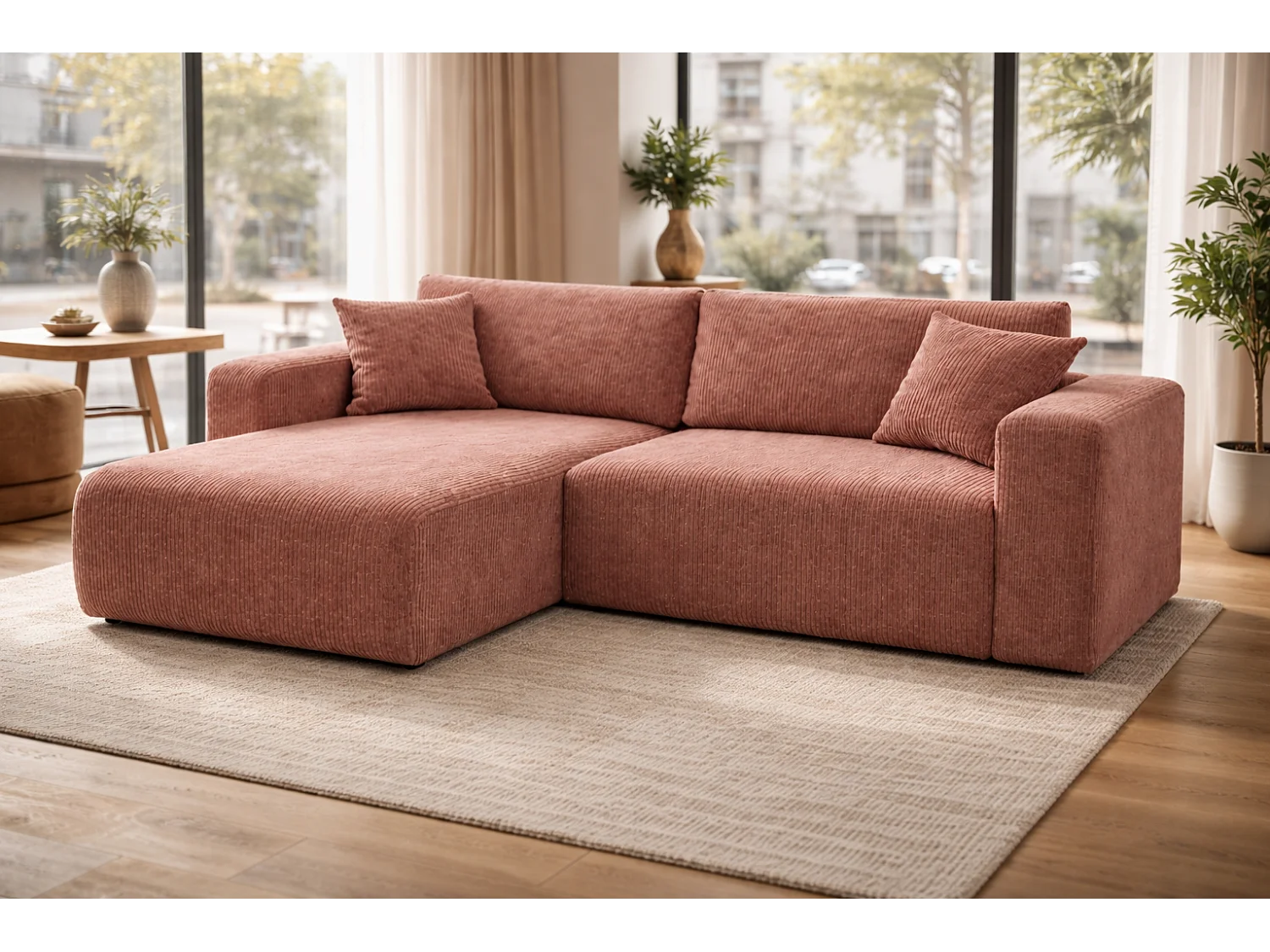 Divano letto angolare reversibile con vano contenitore universale in velluto a coste rame Flora L