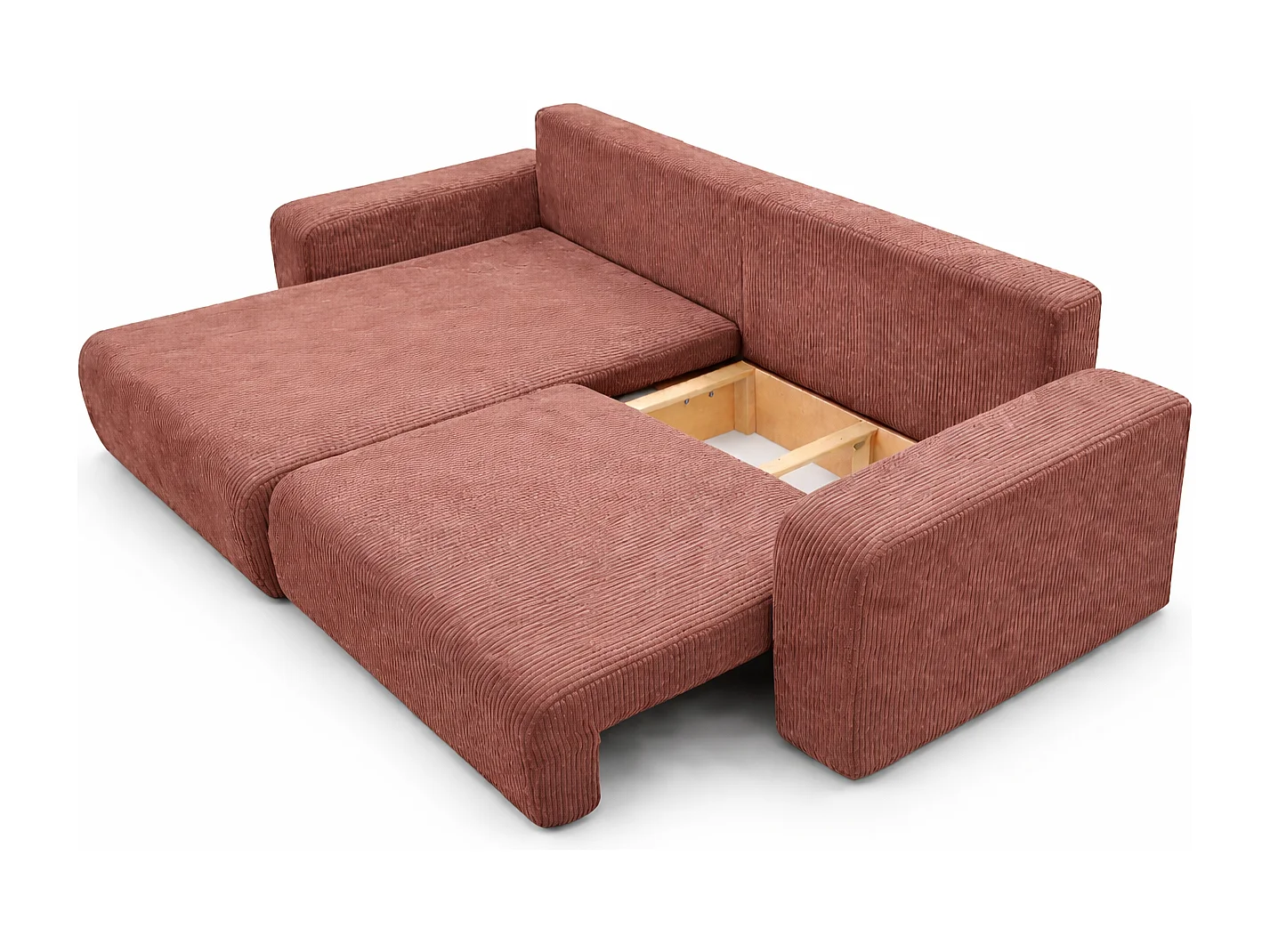 Divano letto angolare reversibile con vano contenitore universale in velluto a coste rame Flora L