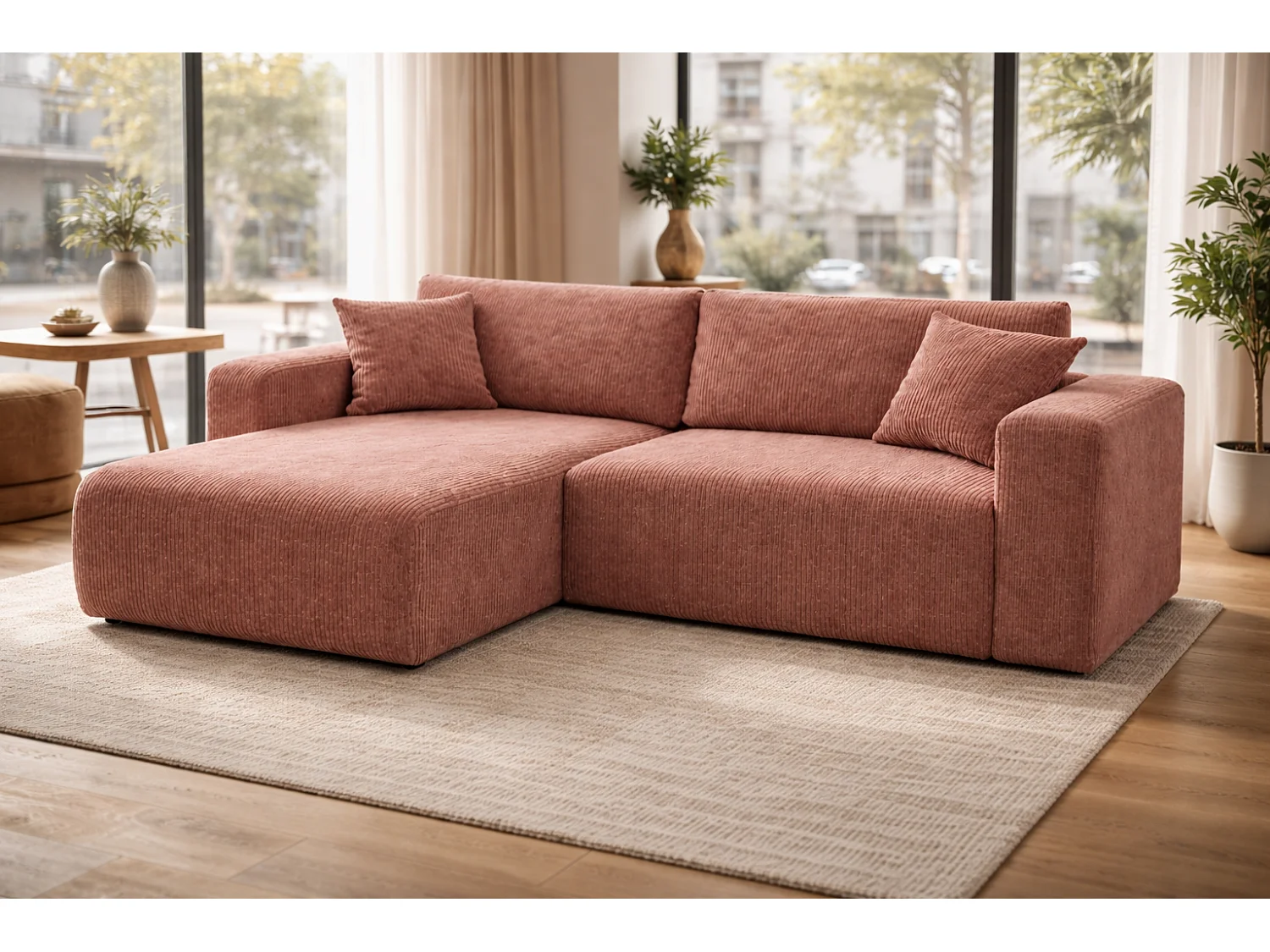 Omkeerbare hoekslaapbank Flora L met slaapfunctie en universele opbergbox in koper ribfluweel Rechtstreeks van de fabrikant, levering en plaatsing gratis!