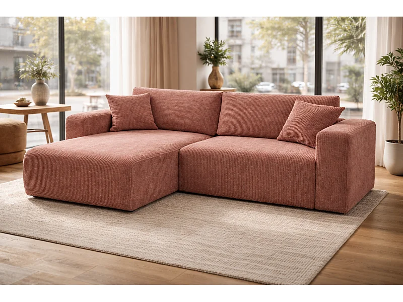 Canapé d'Angle réversible convertible avec fonction de couchage coffre universel en velours côtelé cuivre Flora L