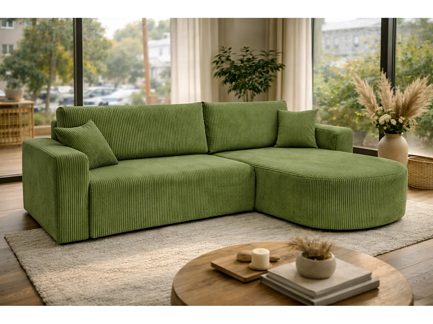 Canapé d'Angle réversible convertible avec fonction de couchage coffre universel en velours côtelé vert Kimo XL