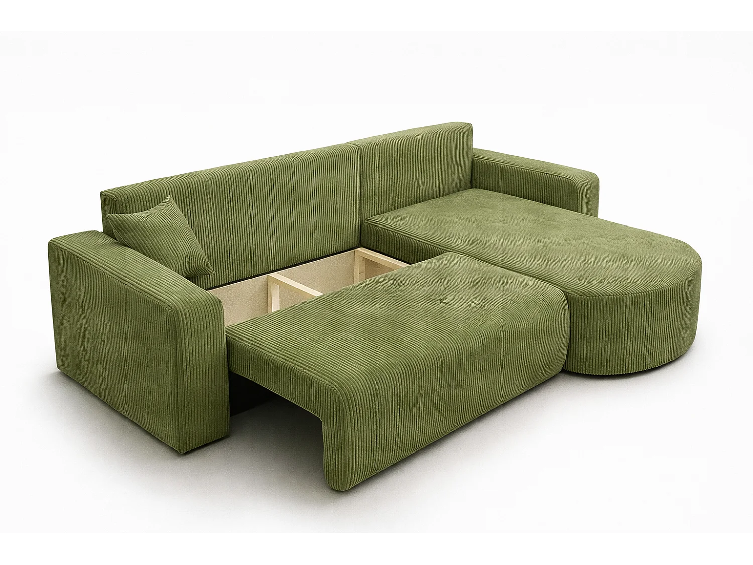 Divano letto angolare reversibile con vano contenitore universale in velluto a coste verde Kimo XL