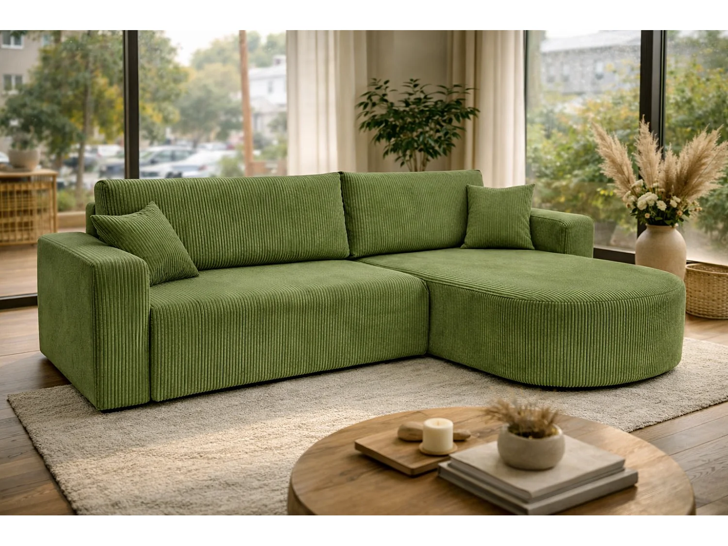 Divano letto angolare reversibile con vano contenitore universale in velluto a coste verde Kimo XL