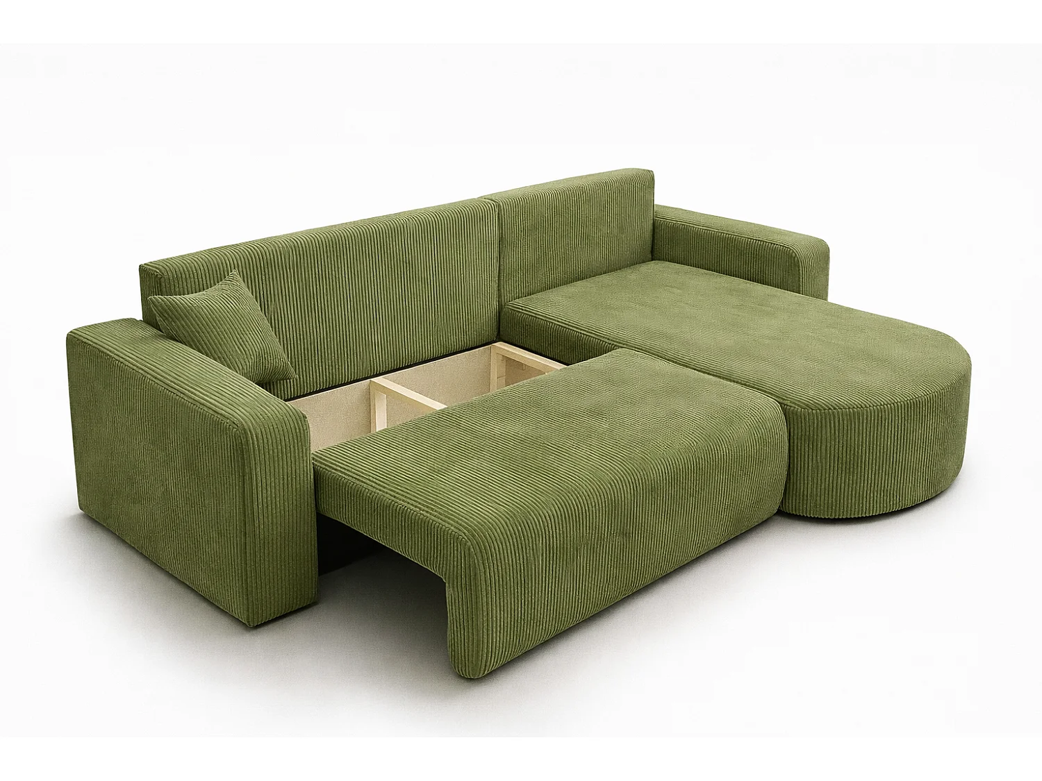 Divano letto angolare reversibile con vano contenitore universale in velluto a coste verde Kimo XL