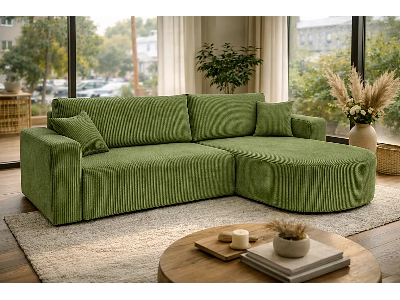 Canapé d'Angle réversible convertible avec fonction de couchage coffre universel en velours côtelé vert Kimo XL