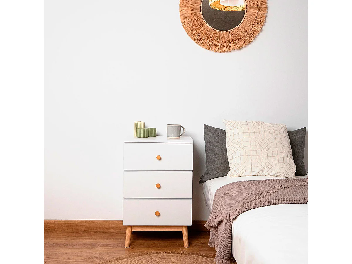 Mesita de noche MOA Vinthera 3 cajones blanco/madera 64,3x40x30 cm