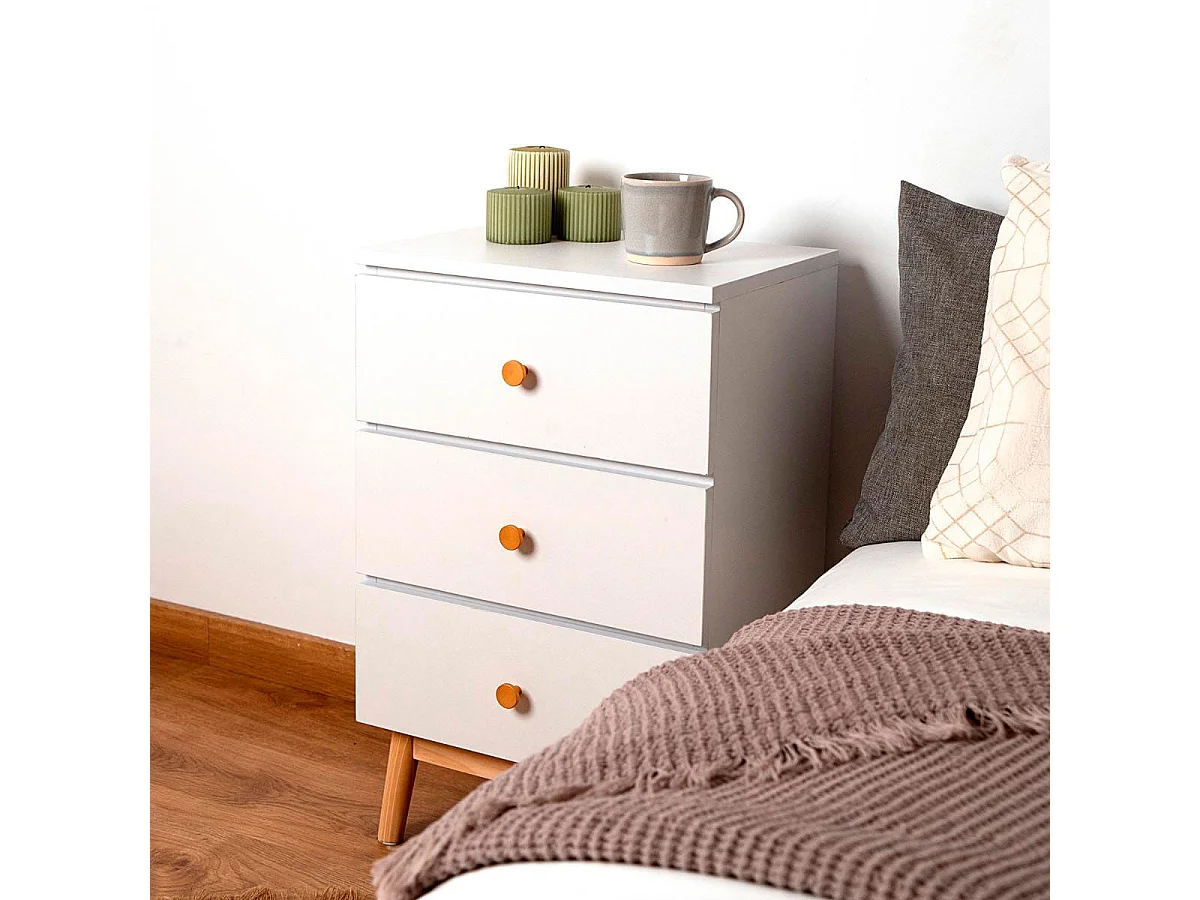 Mesita de noche MOA Vinthera 3 cajones blanco/madera 64,3x40x30 cm