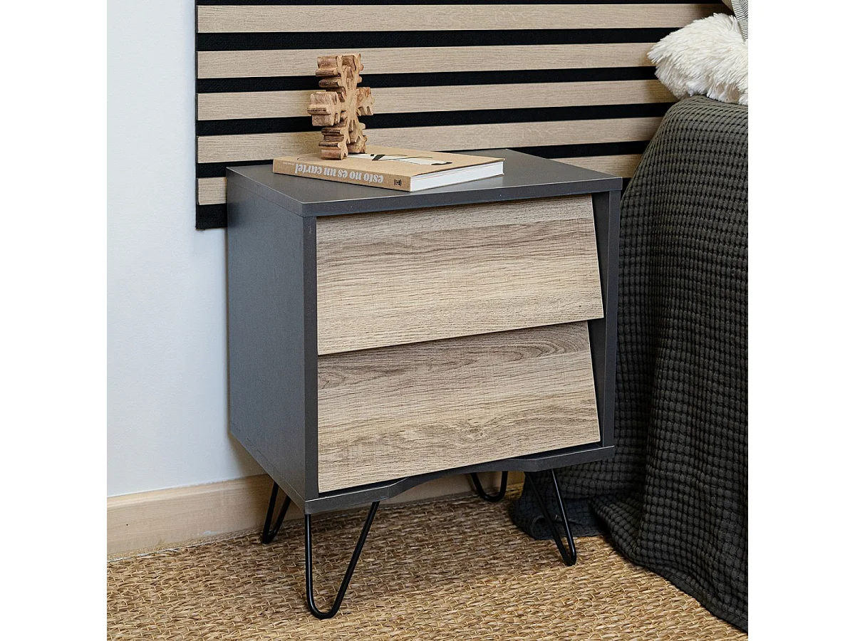 Mesita de noche MOA Vinthera 2 cajones negro/natural 49,5x40x30 cm